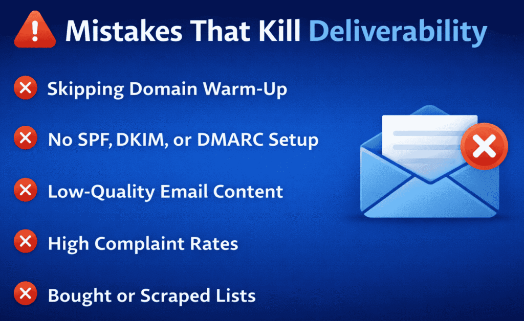 Checklist graphic showing common email mistakes that kill deliverability, including skipping warm-up, missing SPF/DKIM/DMARC, low-quality content, high complaint rates, and bought email lists.