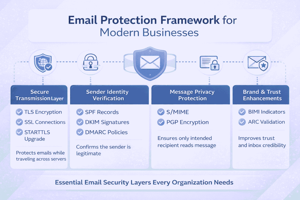 Blue-themed infographic illustrating key email security layers, including secure transmission, authentication protocols, encryption methods, and emerging standards.
Visual layout uses icons and structured sections to explain how businesses protect and verify email communications.