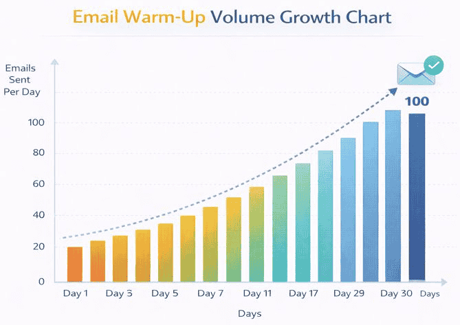 Email warm-up volume growth chart showing gradual daily sending increases from Day 1 to Day 30, rising from low email volume to full outreach capacity for safe deliverability.