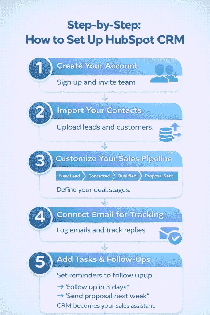 HubSpot CRM Beginner Guide — How to Get Started & Grow Your Small Business 4 Step-by-step infographic showing how to set up HubSpot CRM, including account creation, contact import, sales pipeline customization, email tracking connection, and task follow-up setup.