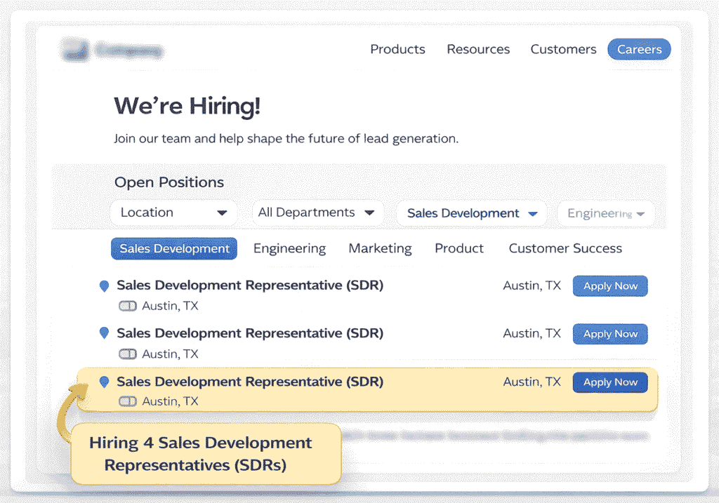 Hiring signal personalization example showing a company careers page listing multiple Sales Development Representative (SDR) openings used for cold email outreach.
