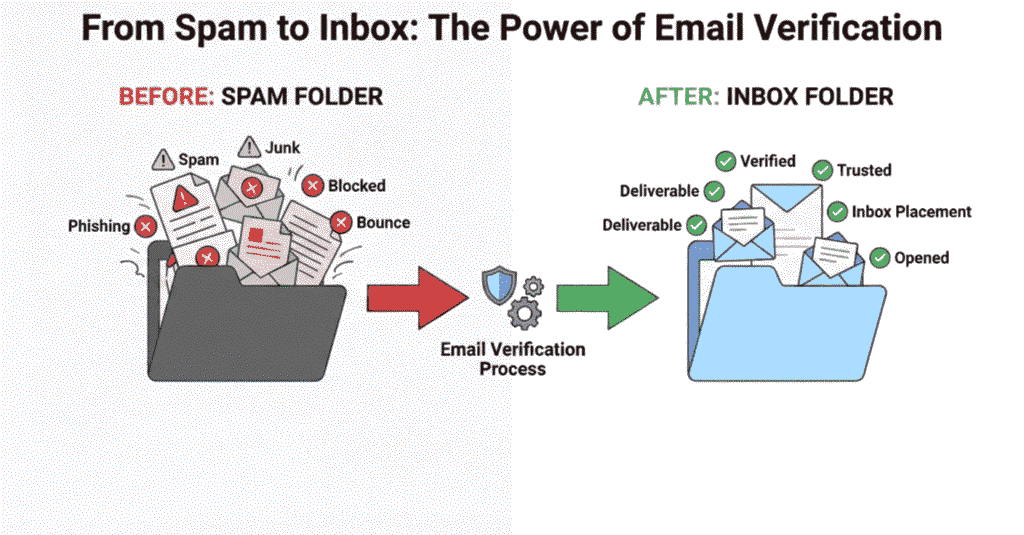 A before-and-after graphic titled "From Spam to Inbox: The Power of Email Verification," illustrating the transition from a red-flagged spam folder to a verified, green-checkmarked inbox folder