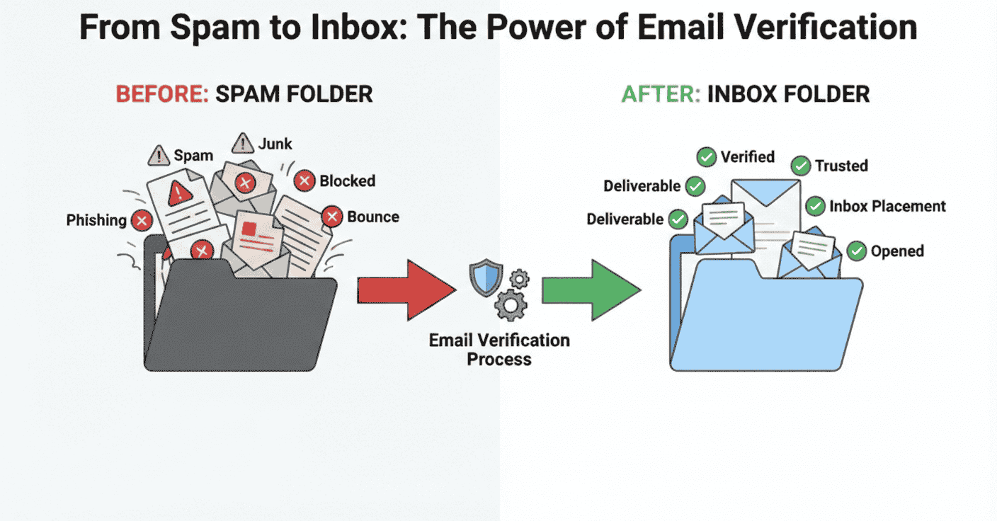 How Email Verification Improves Deliverability (Complete Beginner-to-Pro Guide) 7 A before-and-after graphic titled "From Spam to Inbox: The Power of Email Verification," illustrating the transition from a red-flagged spam folder to a verified, green-checkmarked inbox folder
