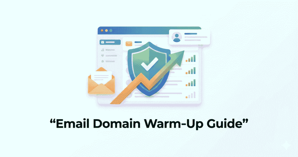 A clean hero image titled "Email Domain Warm-Up Guide" featuring a central inbox dashboard overlaid with a security shield and an upward-trending growth arrow.