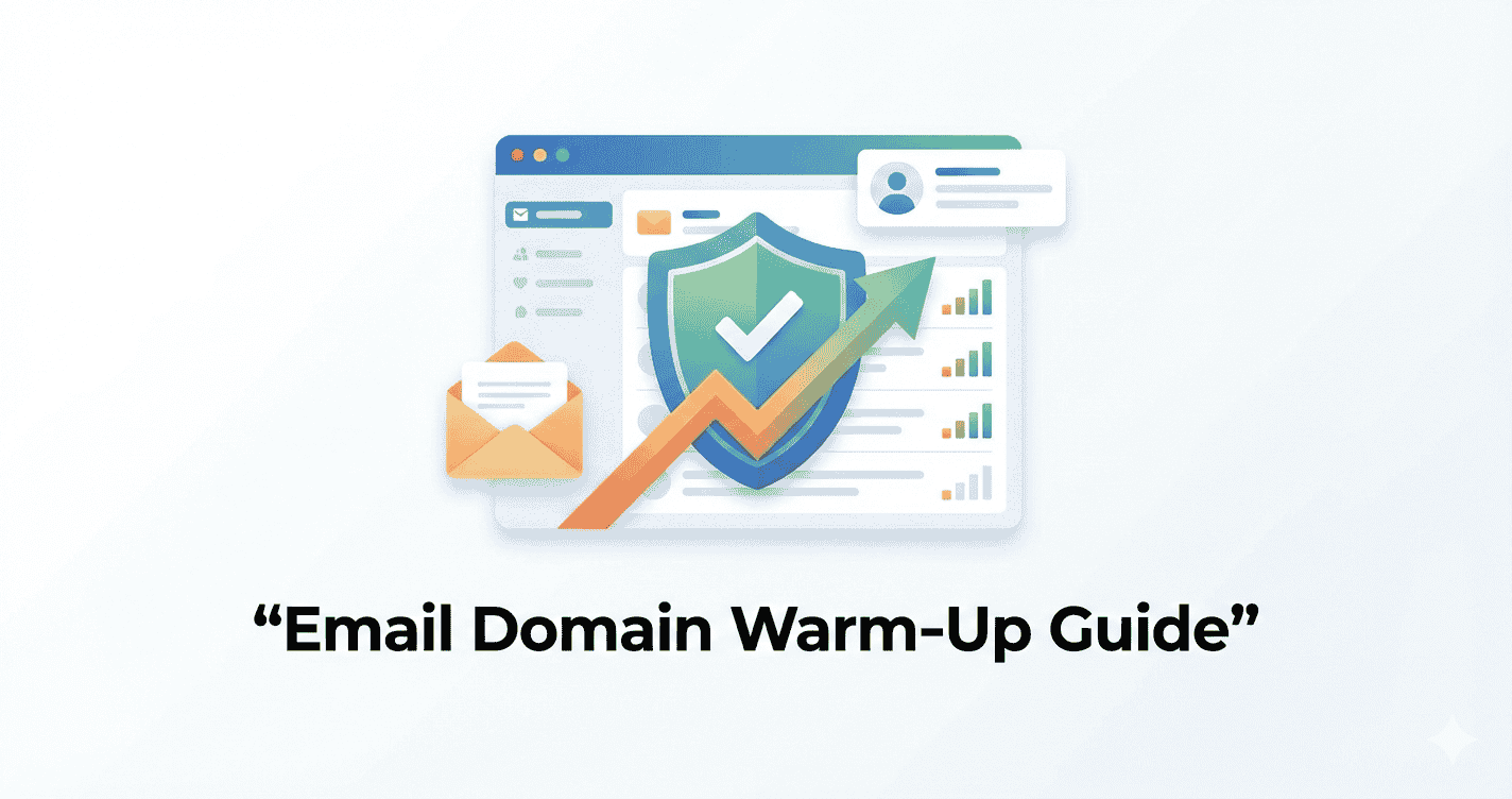 How to Warm Up an Email Domain (Step-by-Step Deliverability Guide) 8 A clean hero image titled "Email Domain Warm-Up Guide" featuring a central inbox dashboard overlaid with a security shield and an upward-trending growth arrow.