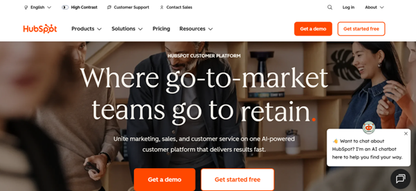 Best CRM Tools for Small Businesses (2026 Guide) 4 Homepage of HubSpot website showing CRM platform overview, navigation menu, and marketing, sales, and service solutions for businesses.