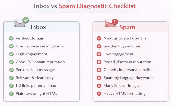 Inbox vs spam diagnostic checklist infographic comparing best practices like verified domains, gradual volume increases, and personalization versus spam triggers like sudden high volume, poor reputation, and spammy keywords.