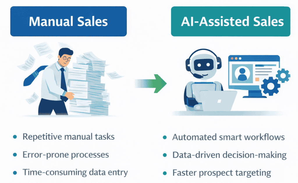 How AI Is Transforming Sales for Small Businesses 4 AI vs traditional sales comparison graphic illustrating manual sales processes compared to AI-assisted automation, smart workflows, and faster prospect targeting for small businesses