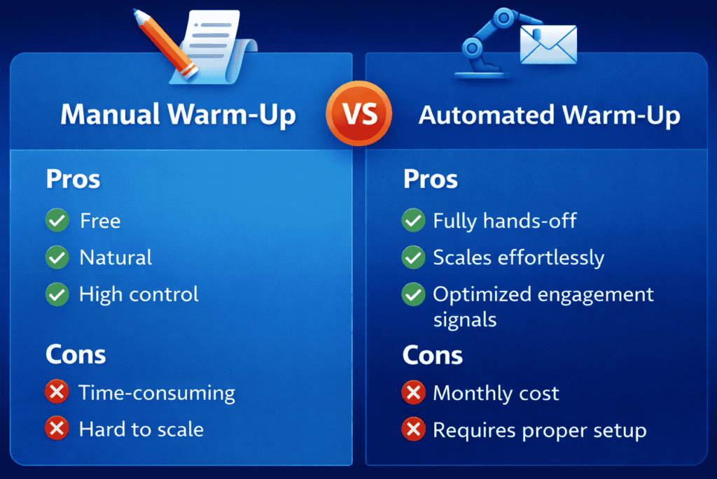 Manual vs automated email warm-up comparison card showing pros and cons of each method for domain reputation building.