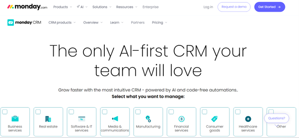 Best CRM Tools for Small Businesses (2026 Guide) 8 monday.com homepage showcasing its Work OS platform with tools for project management, workflow tracking, and team collaboration.
