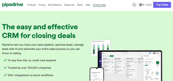 Best CRM Tools for Small Businesses (2026 Guide) 6 Pipedrive homepage showing sales-focused CRM platform with pipeline visualization, product overview, and call-to-action for managing deals.