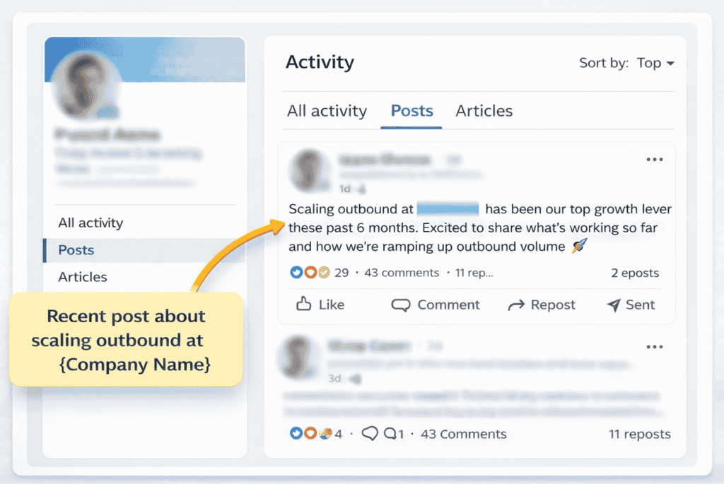 LinkedIn activity section mockup highlighting a recent post about scaling outbound at a company for cold email personalization example.