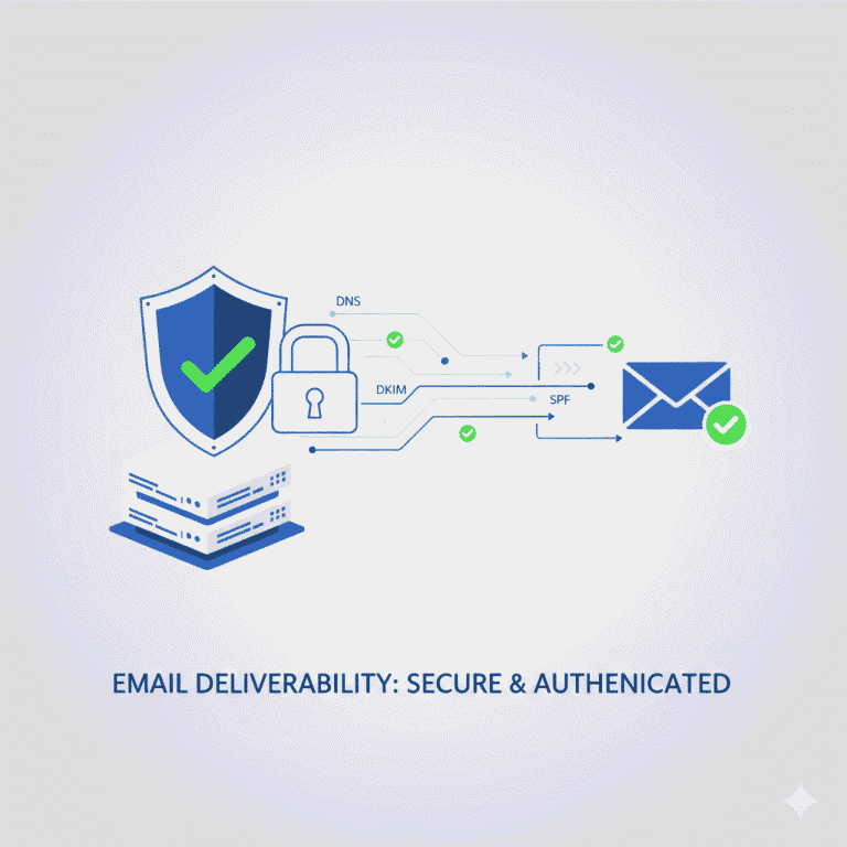 A minimalist tech-style infographic titled "Email Deliverability: Secure & Authenticated," featuring a server, a security shield, and a locked email icon connected by DNS, DKIM, and SPF authentication signals.