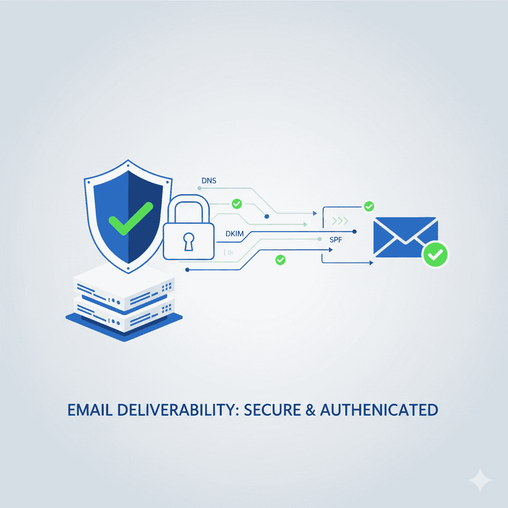 A minimalist tech-style infographic titled "Email Deliverability: Secure & Authenticated," featuring a server, a security shield, and a locked email icon connected by DNS, DKIM, and SPF authentication signals.
