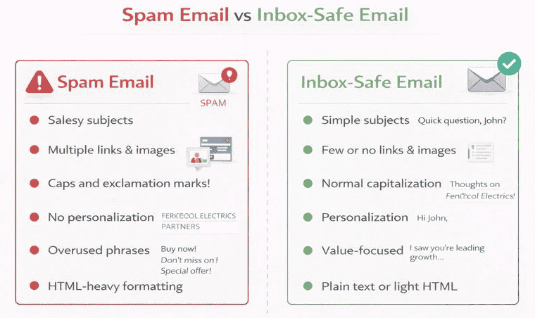 Spam email vs inbox-safe email comparison infographic showing red flags like salesy subjects, multiple links, and no personalization versus best practices like simple subjects, personalization, minimal links, and plain-text formatting.