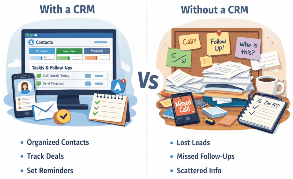 Best CRM Tools for Small Businesses (2026 Guide) 3 Side-by-side illustration comparing business operations with a CRM versus without a CRM, showing organized contacts, tracked deals, and reminders on one side, and scattered notes, missed calls, and lost leads on the other.