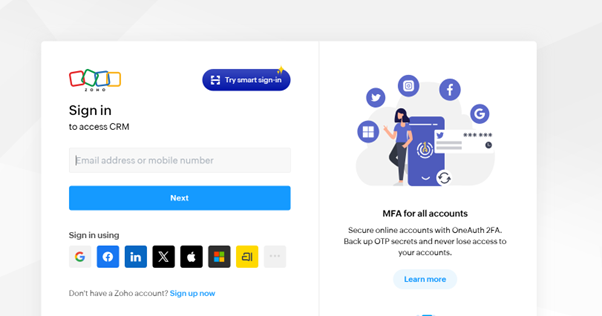 Best CRM Tools for Small Businesses (2026 Guide) 5 Zoho CRM login page showing user sign-in fields, branding, and access to the customer relationship management dashboard.