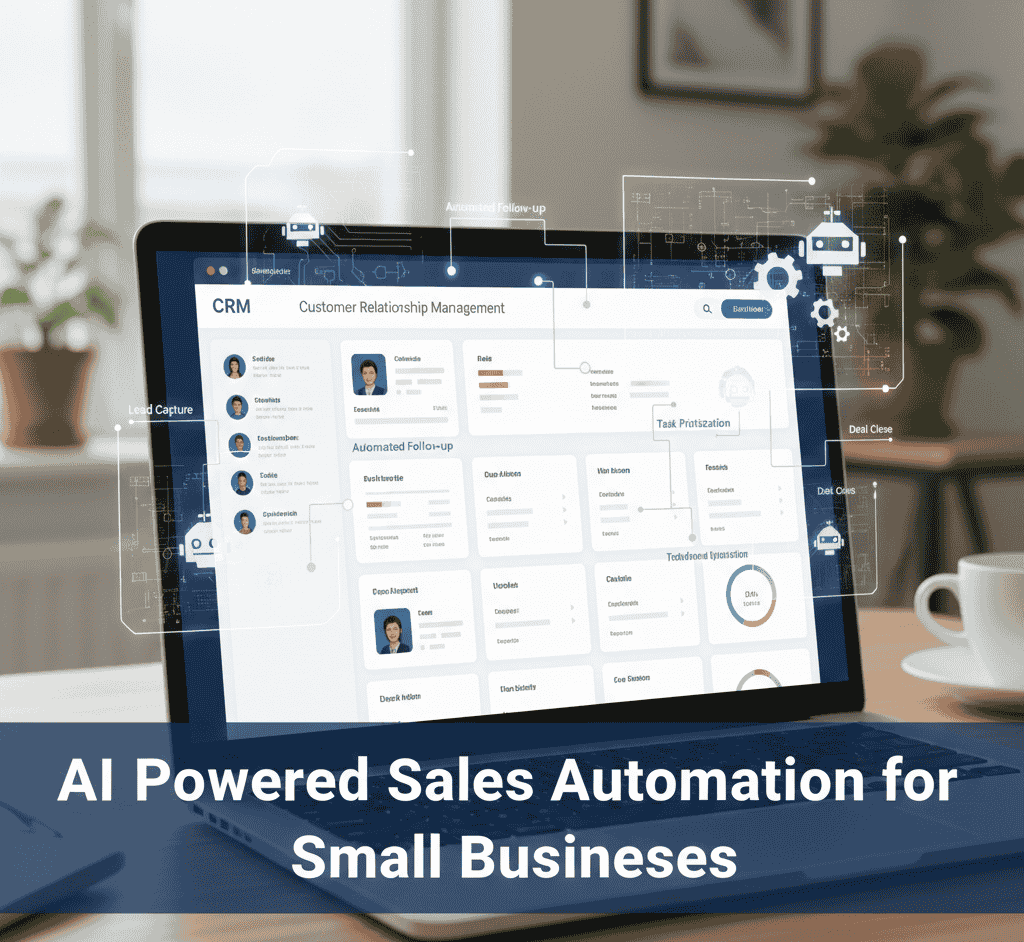 AI Sales Workflow Templates for SMBs: Automate Your Sales Process Step-by-Step 2 A laptop on a desk showing a CRM dashboard with glowing digital automation icons and a blue banner reading "AI-Powered Sales Automation for Small Businesses."