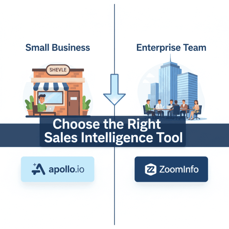 A split-screen comparison illustration titled "Choose the Right Sales Intelligence Tool" in white text on a dark blue horizontal overlay banner. The image is divided vertically to contrast two business scales and their recommended software.