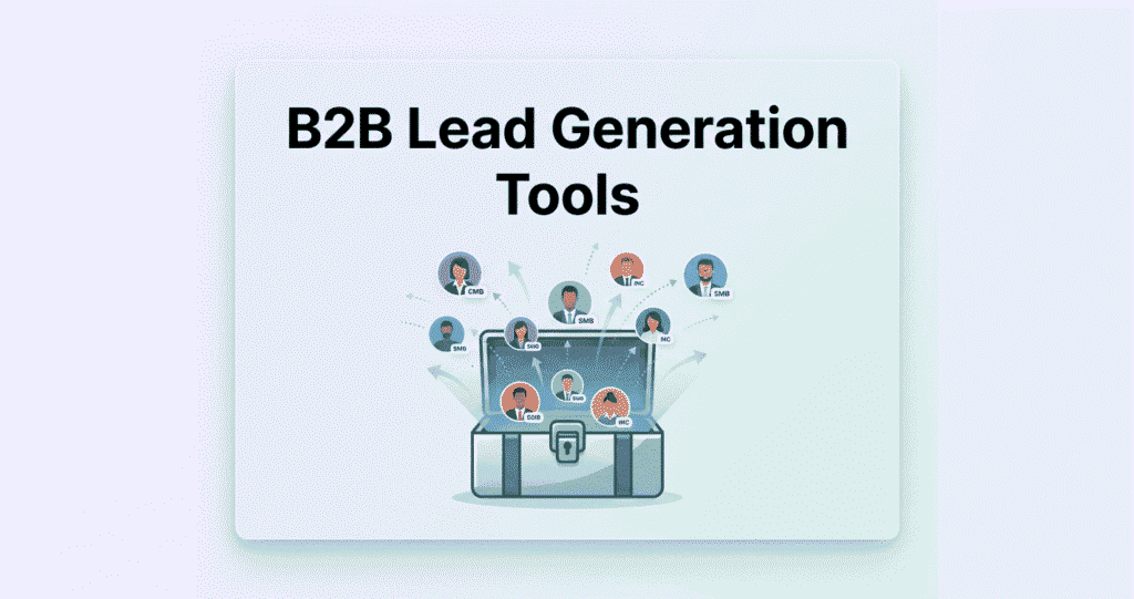 A professional blog featured image titled "B2B Lead Generation Tools" featuring an open toolbox with professional profile icons and growth arrows emerging from it.