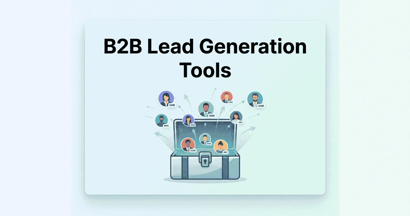 A professional blog featured image titled "B2B Lead Generation Tools" featuring an open toolbox with professional profile icons and growth arrows emerging from it.