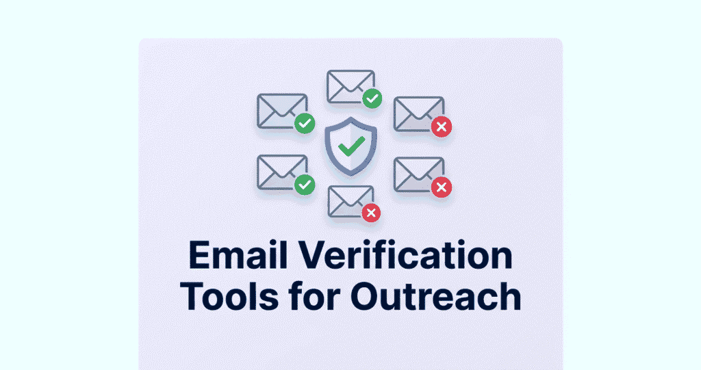 An infographic with a central protective shield separating verified and unverified email icons, with the headline "Email Verification Tools for Outreach" below