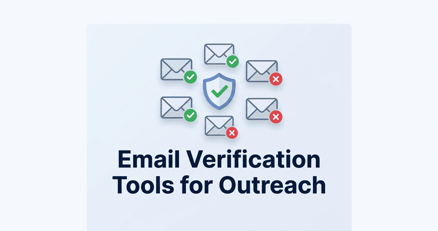An infographic with a central protective shield separating verified and unverified email icons, with the headline "Email Verification Tools for Outreach" below