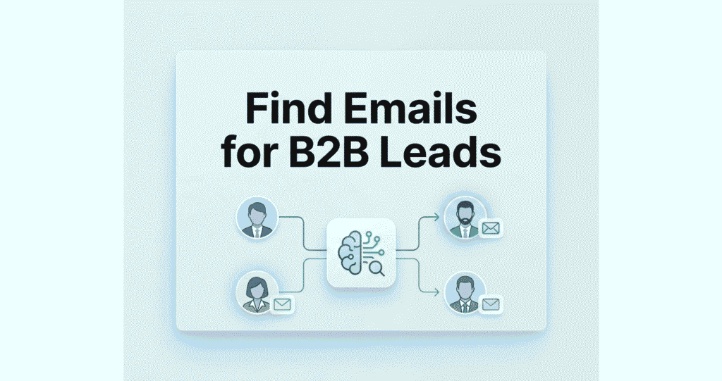 An infographic titled "Find Emails for B2B Leads" featuring a central AI brain icon connected to professional profiles to reveal discovered email addresses.