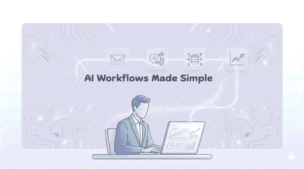 AI Workflows for Small Businesses: Automate Sales, Marketing & Operations 2 A vector illustration shows a man in a suit working on a laptop with data charts, against a glowing circuit board background with floating business icons for email, messaging, data, and analytics.