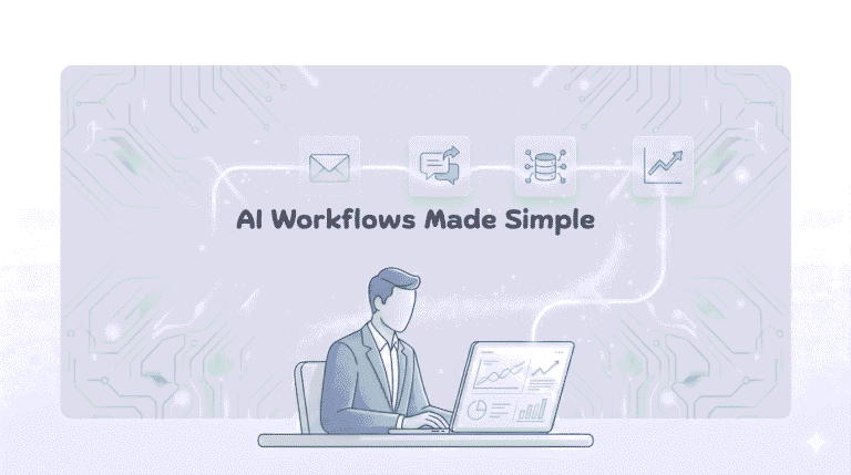 A vector illustration shows a man in a suit working on a laptop with data charts, against a glowing circuit board background with floating business icons for email, messaging, data, and analytics.