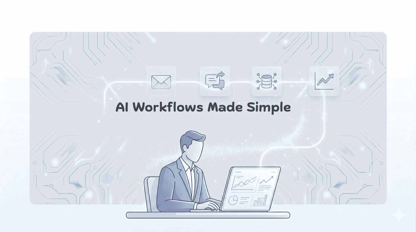 A vector illustration shows a man in a suit working on a laptop with data charts, against a glowing circuit board background with floating business icons for email, messaging, data, and analytics.