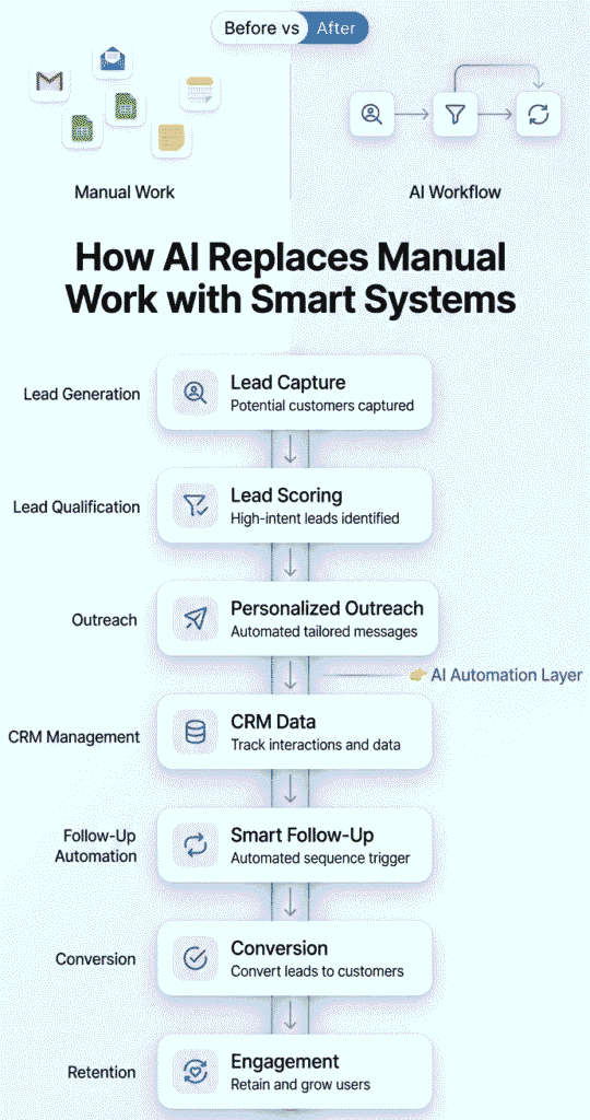 How AI Tools Are Replacing Manual Tasks at Work (Save Time & Scale Faster) 4 End-to-end AI workflow infographic showing how manual tasks are replaced by automated systems from lead generation to customer retention