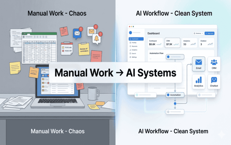 A professional split-screen illustration depicts the transformation from a cluttered, grayscale manual workspace to a bright, modern AI-automated dashboard with the central text "Manual Work → AI Systems."