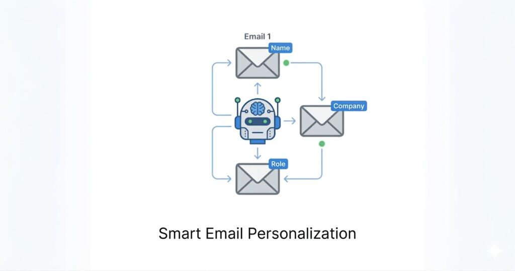 An infographic diagram illustrating Smart Email Personalization, where a central AI robot personalizes emails based on data tags for Name, Company, and Role.