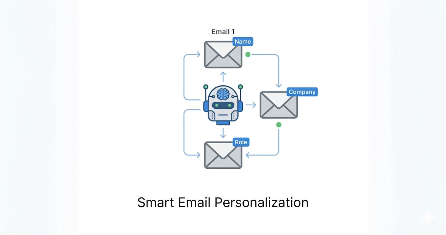 How to Personalize Cold Emails at Scale (2026 Guide for Higher Replies & Conversions) 5 An infographic diagram illustrating Smart Email Personalization, where a central AI robot personalizes emails based on data tags for Name, Company, and Role.