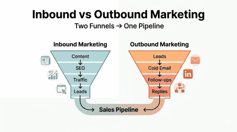 A professional SaaS-style comparison graphic titled "Inbound vs Outbound Marketing" illustrates two funnels for content-driven and outreach-driven leads merging into a single sales pipeline.