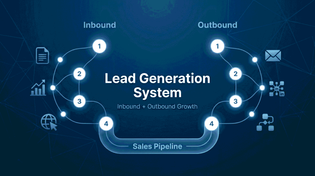 A professional tech-blue featured image titled "Lead Generation System" displays a connected network of glowing nodes and icons representing unified inbound and outbound business growth.