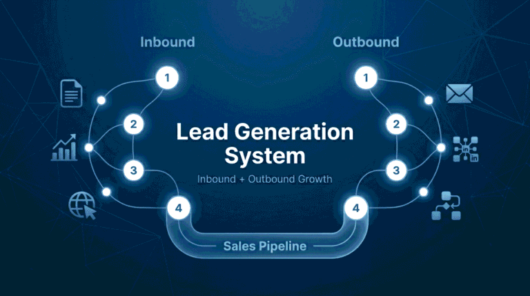 A professional tech-blue featured image titled "Lead Generation System" displays a connected network of glowing nodes and icons representing unified inbound and outbound business growth.