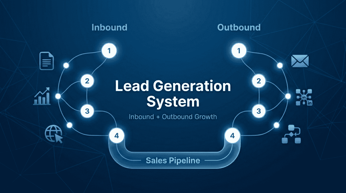 A professional tech-blue featured image titled "Lead Generation System" displays a connected network of glowing nodes and icons representing unified inbound and outbound business growth.