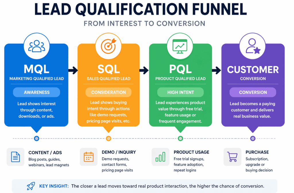 MQL vs SQL vs PQL: What They Mean & How to Use Them to Increase Sales 3 Lead qualification funnel showing how MQL, SQL, and PQL move through the sales process toward customer conversion.