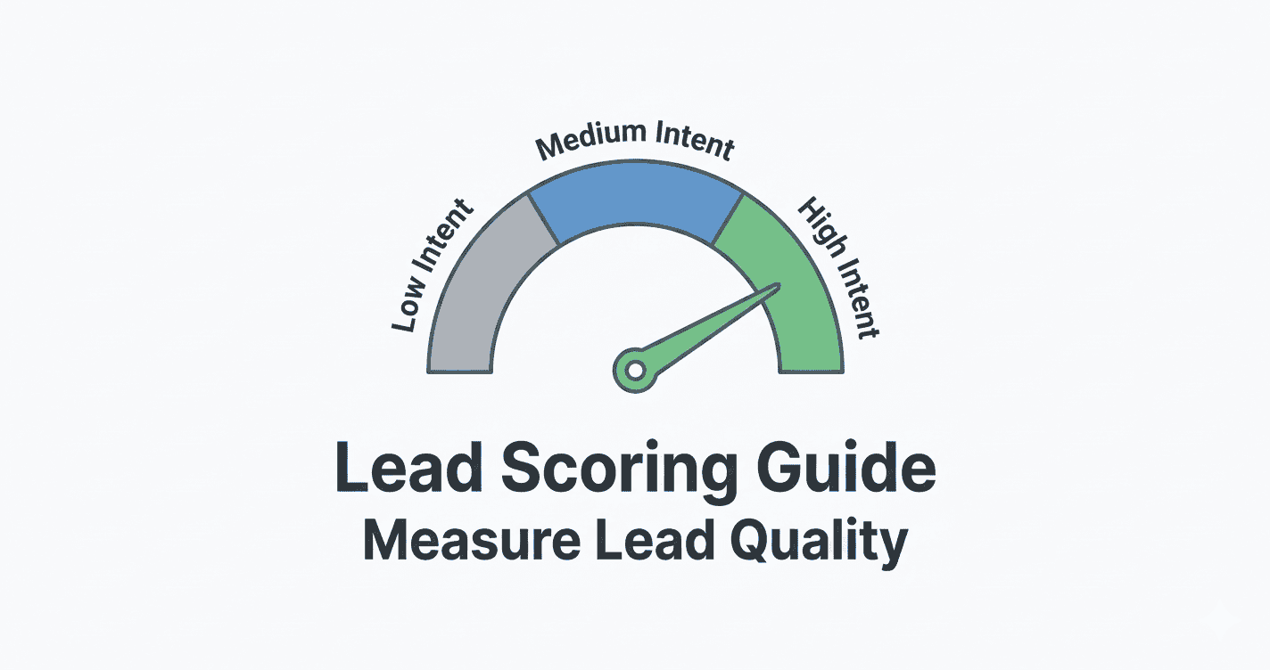 Lead Scoring for Small Business Sales Teams: A Simple Guide to Close More Deals 3 A minimalist infographic with a lead scoring gauge pointing to high intent, accompanied by the text "Lead Scoring Guide Measure Lead Quality."