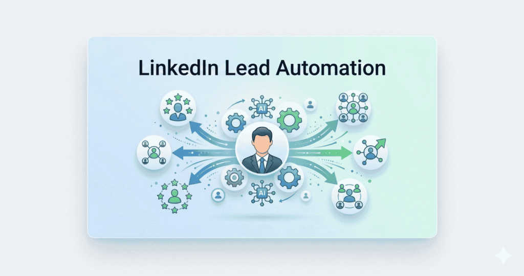 Modern SaaS-style illustration for LinkedIn Lead Automation featuring a central professional icon connected to gears, AI nodes, and network circles, with all text and graphics centered for optimal visibility.