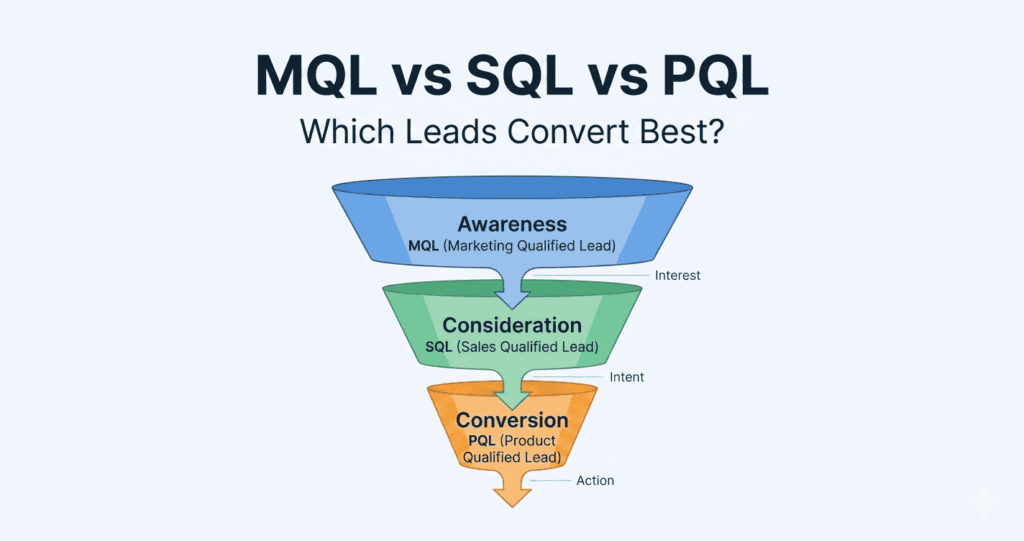MQL vs SQL vs PQL: What They Mean & How to Use Them to Increase Sales 2 A marketing funnel diagram compares MQL, SQL, and PQL stages across awareness, consideration, and conversion with annotations for interest, intent, and action.