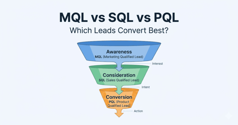 A marketing funnel diagram compares MQL, SQL, and PQL stages across awareness, consideration, and conversion with annotations for interest, intent, and action.