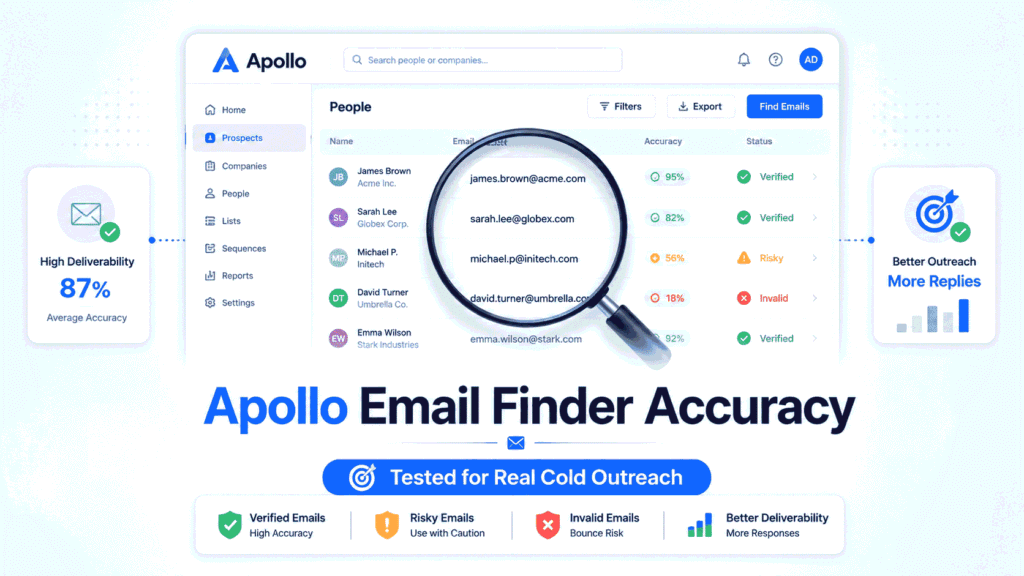 Professional Apollo Email Finder accuracy dashboard illustration showing verified, risky, and invalid email validation indicators for cold outreach deliverability testing.