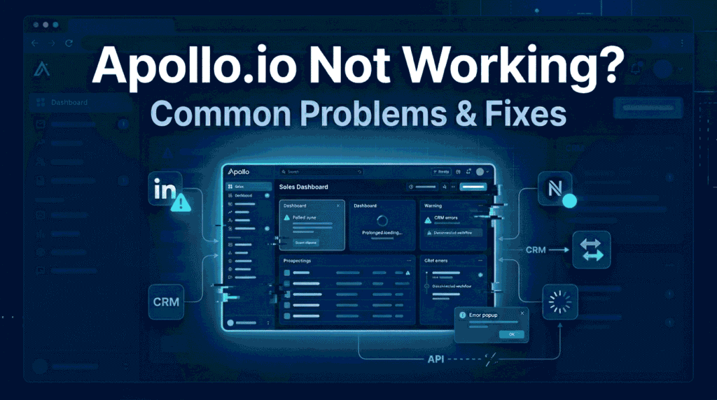 A dark mode software dashboard illustration with large text "Apollo.io Not Working? Common Problems & Fixes" and a central screen showing error popups and disconnected data flows.