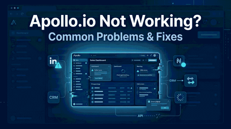 A dark mode software dashboard illustration with large text "Apollo.io Not Working? Common Problems & Fixes" and a central screen showing error popups and disconnected data flows.