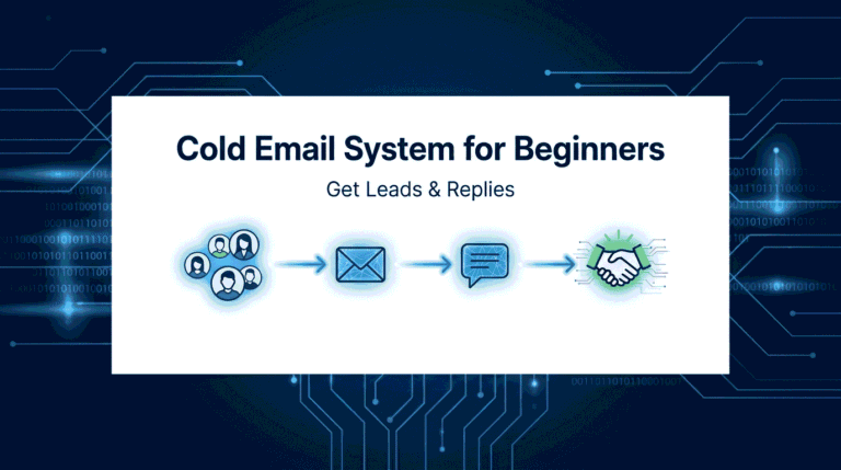 A professional, tech-inspired blog featured image titled "Cold Email System for Beginners" with a blue circuit background and a central workflow showing leads turning into emails, replies, and successful handshakes.