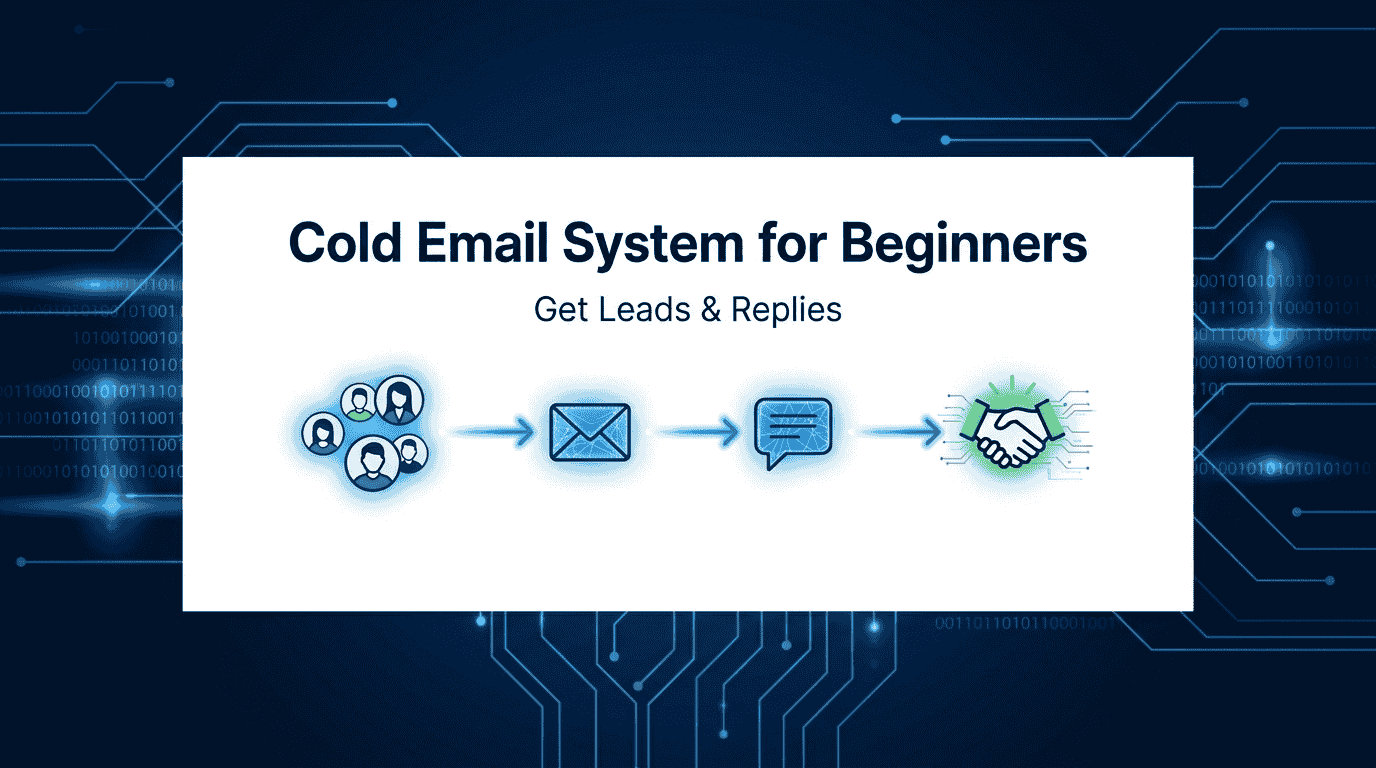 A professional, tech-inspired blog featured image titled "Cold Email System for Beginners" with a blue circuit background and a central workflow showing leads turning into emails, replies, and successful handshakes.