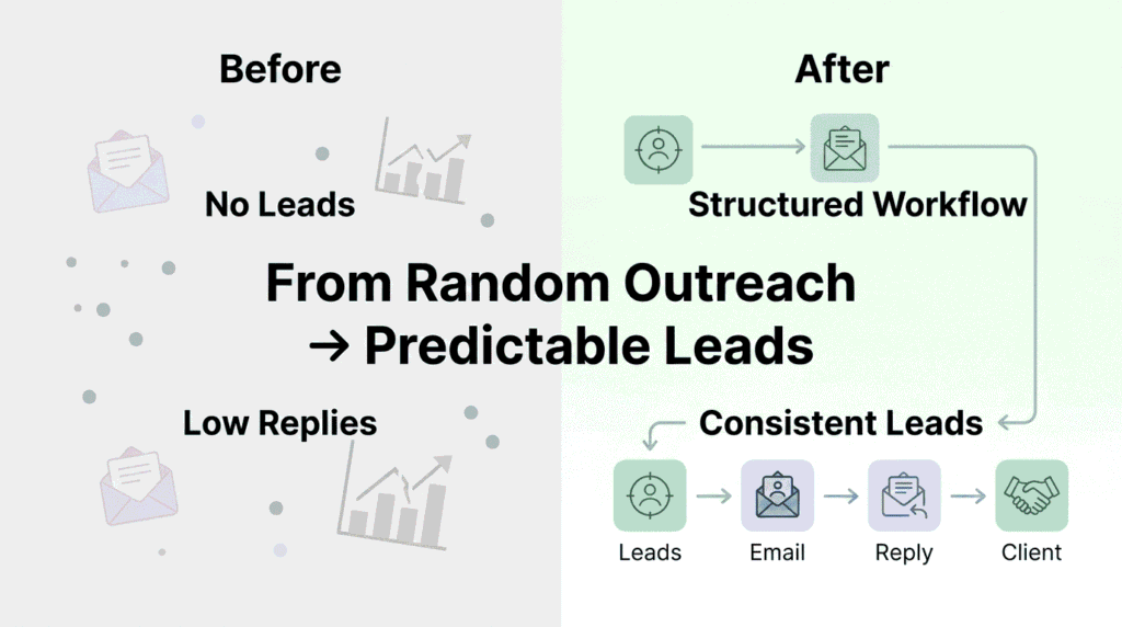 A comparison of an unorganized outreach process labeled "No Leads" and "Low Replies" with scattered icons versus a "Structured Workflow" creating "Consistent Leads" with connected, step-by-step icons.